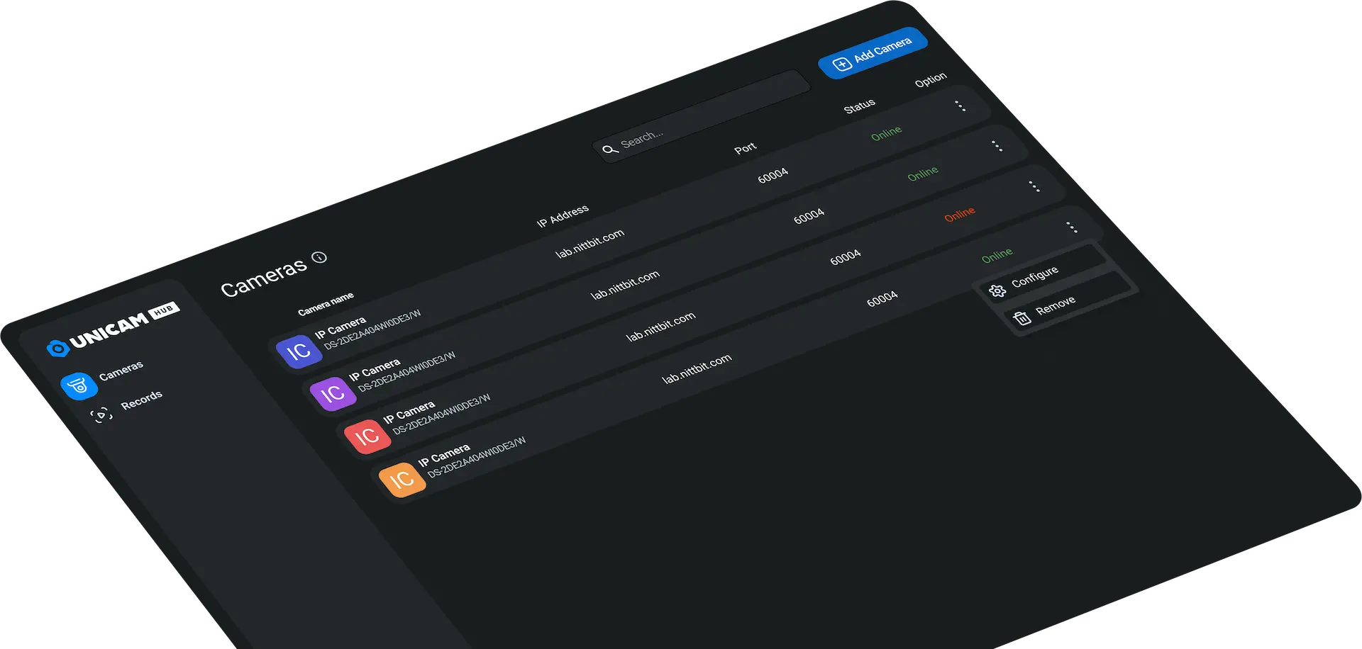 UniCam HUB centralized ONVIF IP camera management dashboard interface