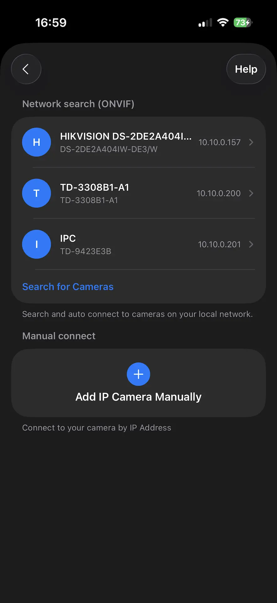 ONVIF camera automatic network discovery in UniCam Mobile app